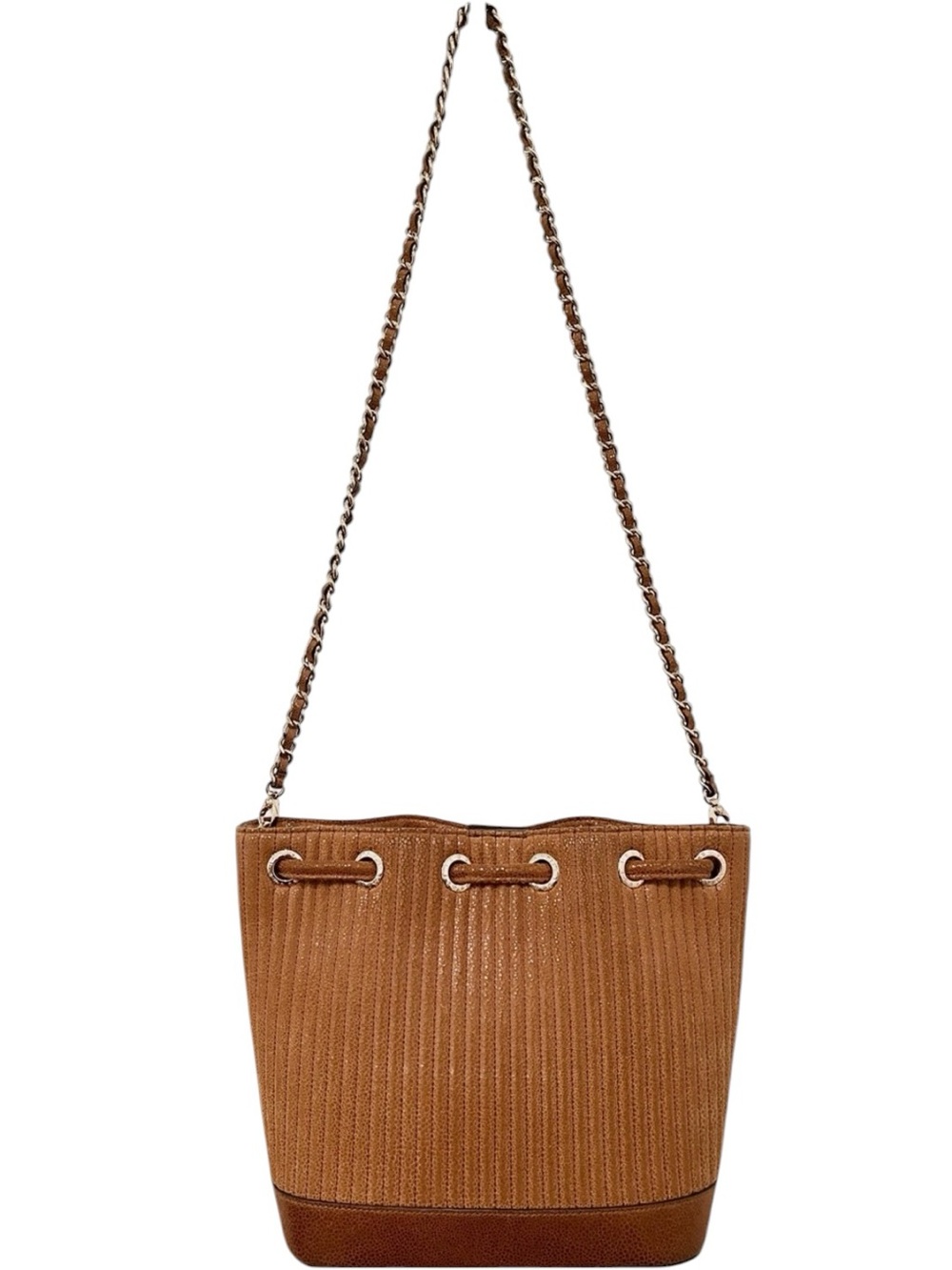 Henri Bendel #7 Quilted Nappa Leather Drawstring Bucket Bag Cognac Shimmery NEW - Picture 2 of 9